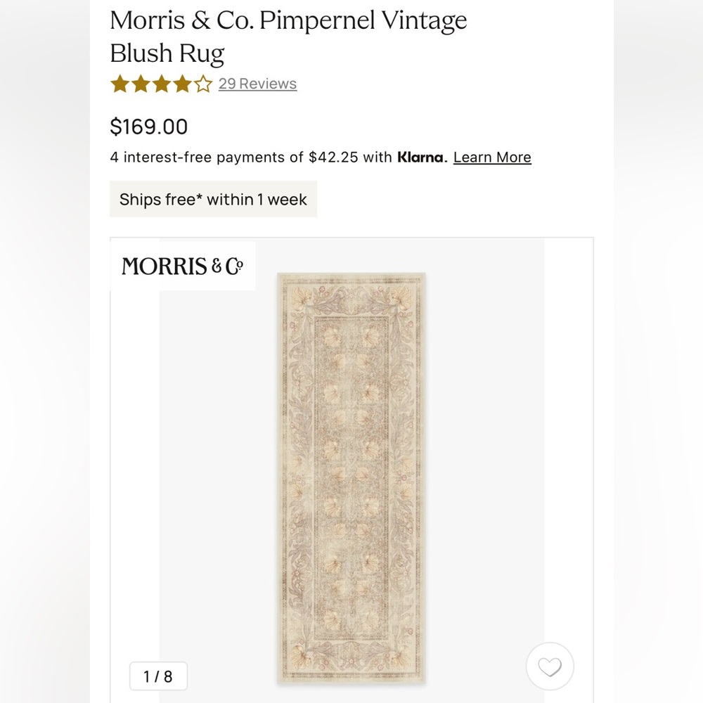 Ruggable Morris & Co. Pimpernel Vintage Blush 2.5’x7’ Runner Rug COVER ONLY